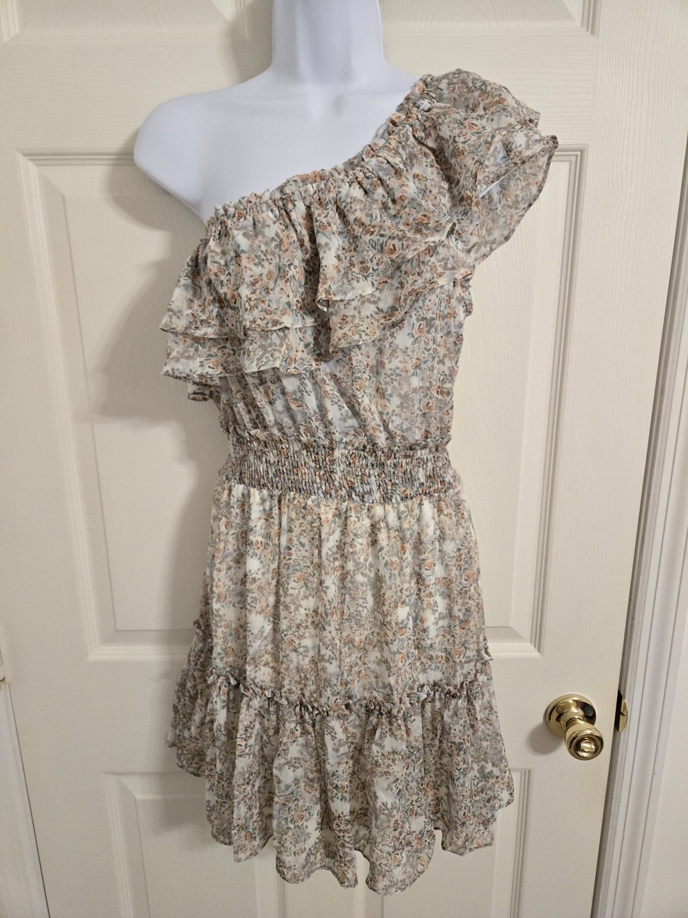 Promesa One-Shoulder Ruffle Dress Cream Floral Print Size Small